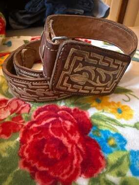 Handcrafted Embroidered Leather Charro Belt with Piteado Design and Buckle